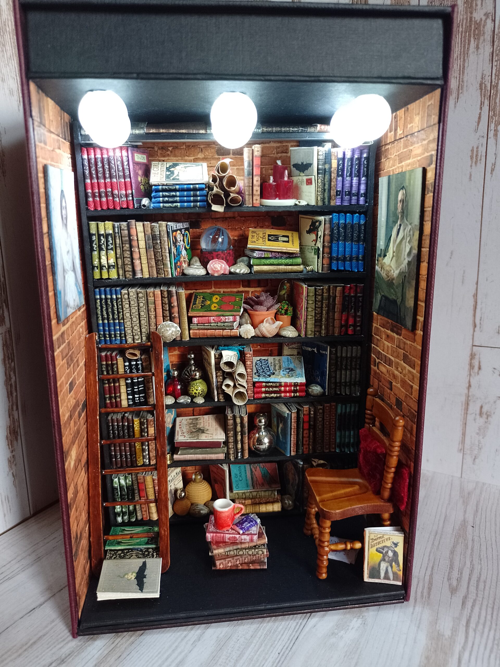 Book Nook. Bookshelf insert. LED fairy lights. Booknook. Diorama. Miniature  room. Eco friendly. Miniature library.
